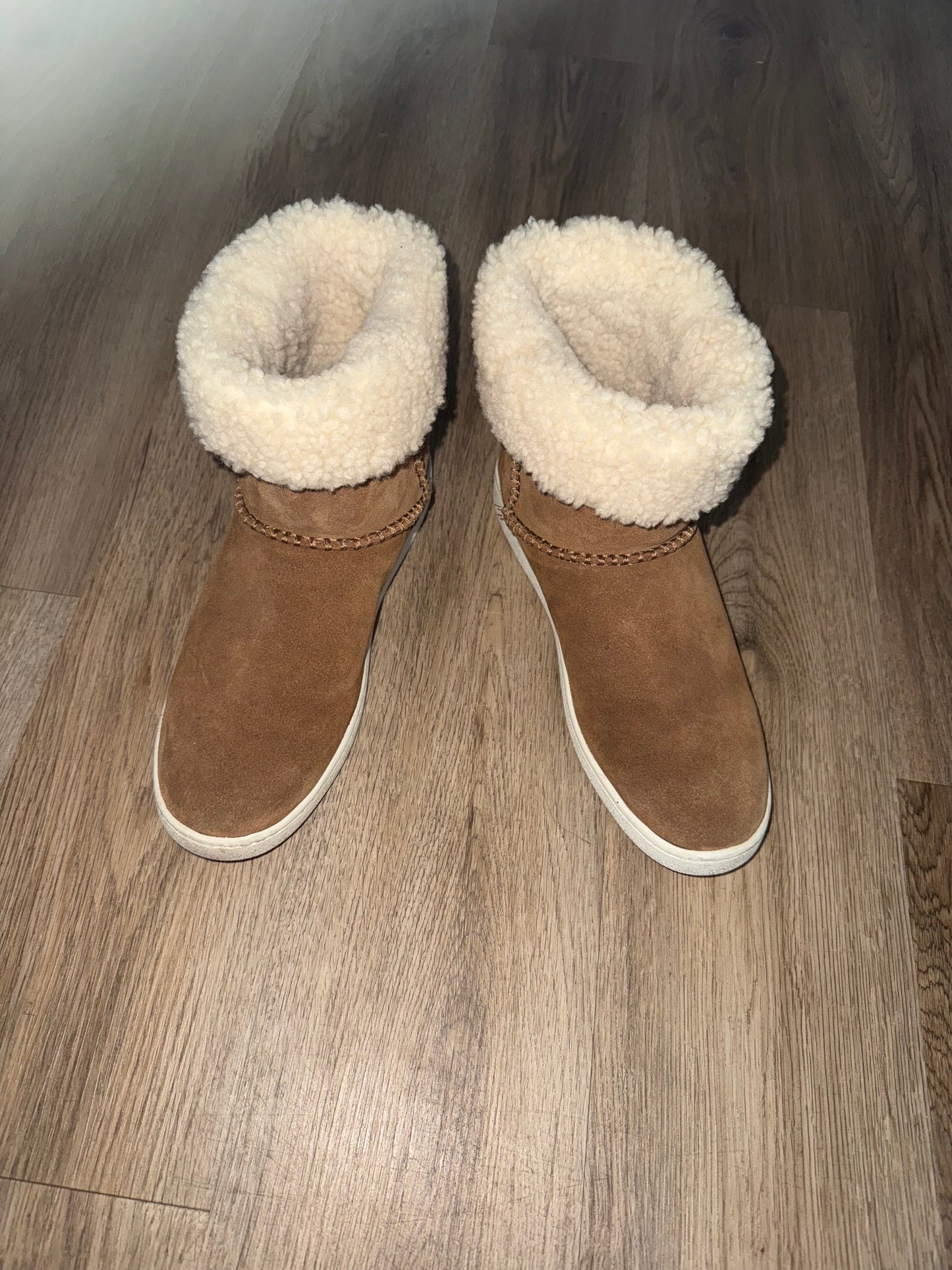 UGG Fold Over Brown Leather Shearling Cuff Boot