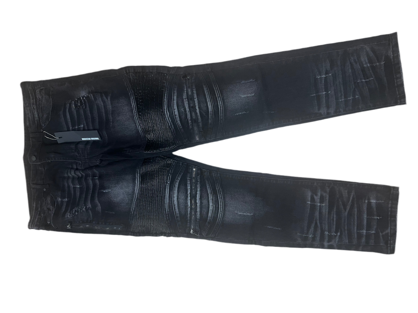 ROCKSTAR ORIGINAL BLACK CORSI FAUX LEATHER PLEATED BIKER JEANS MEN SIZE 36