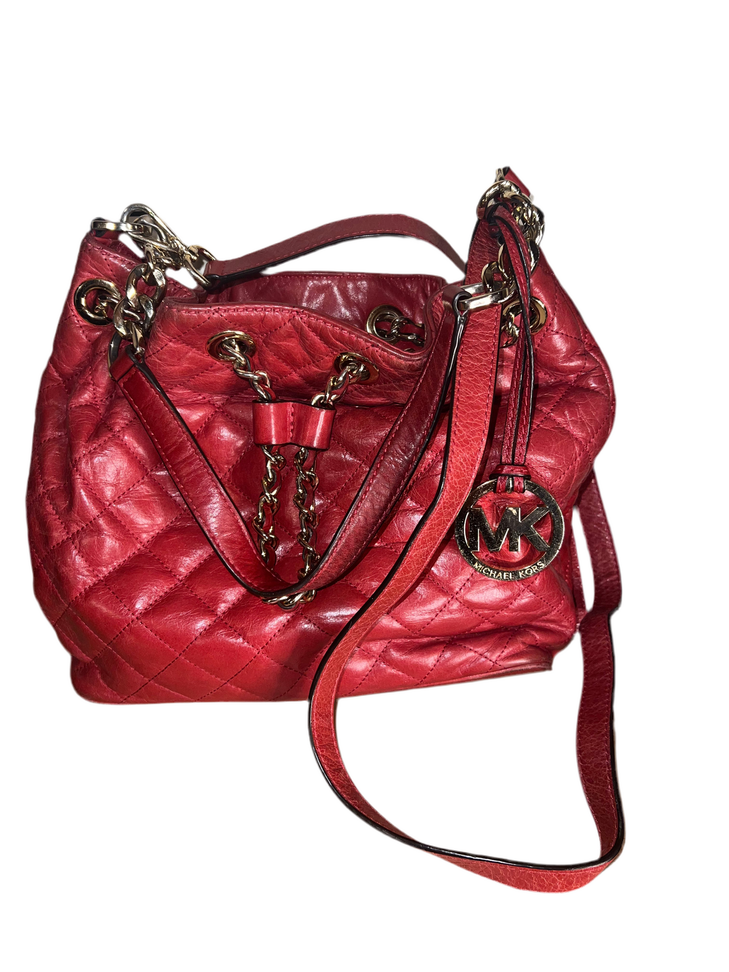 MICHAEL KORS RED QUILTED LEATHER BUCKET BAG