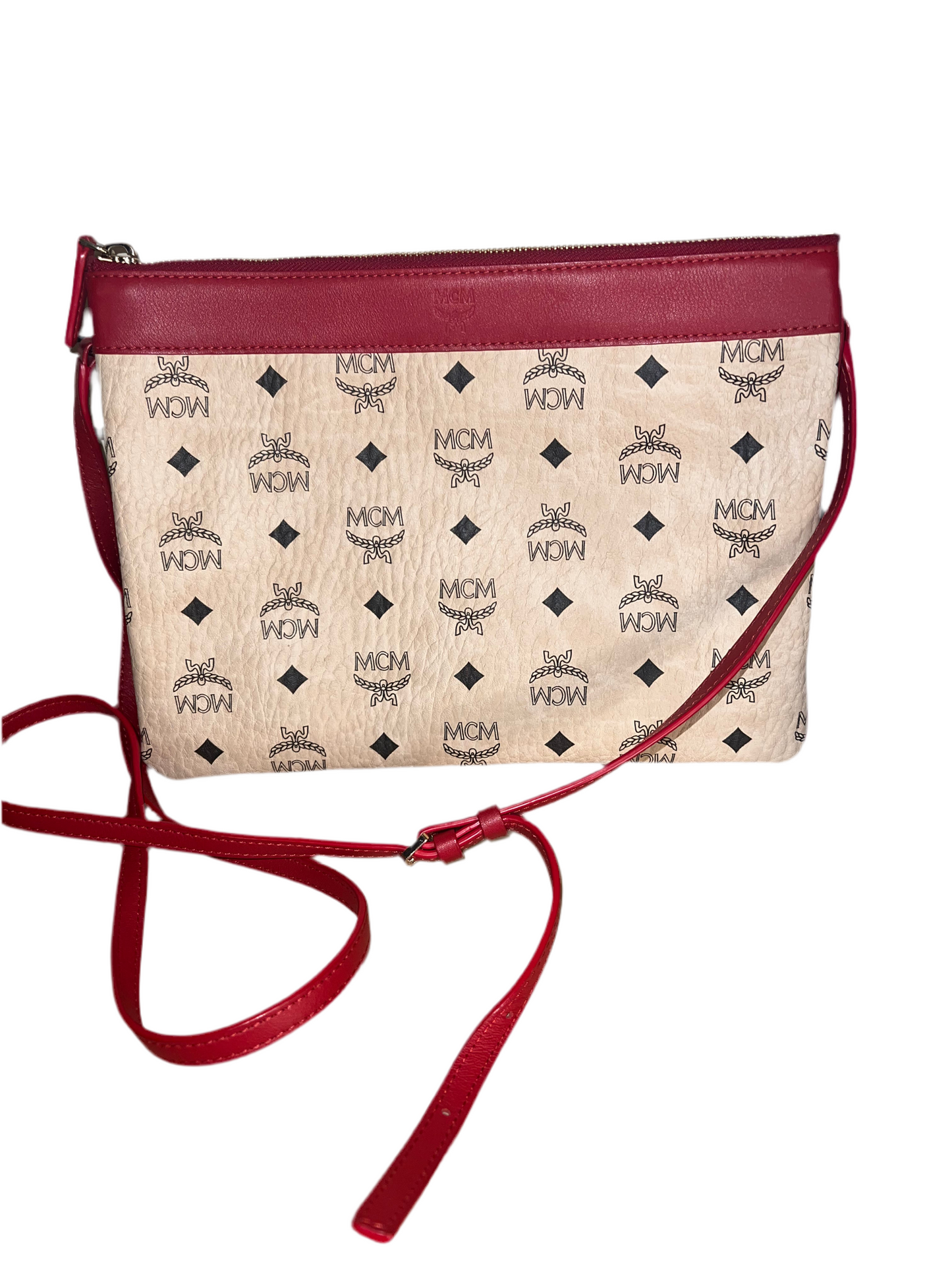 MCM RED BEIGE VISETOS LEATHER CROSSBODY BAG MEDIUM
