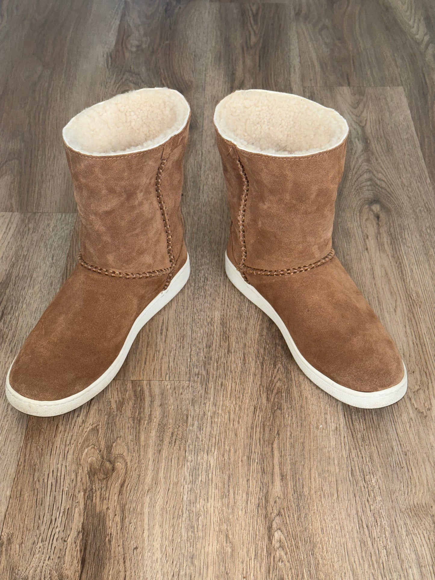 UGG Fold Over Brown Leather Shearling Cuff Boot
