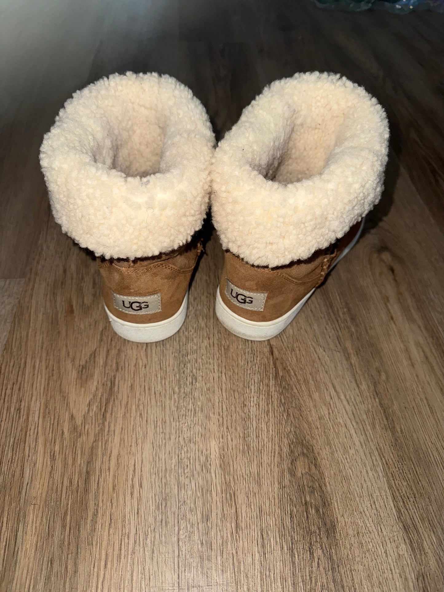 UGG Fold Over Brown Leather Shearling Cuff Boot