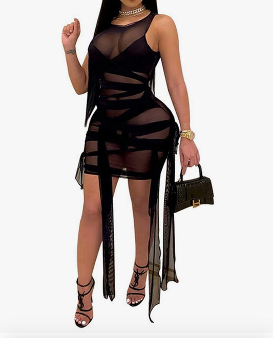 Womens Sheer Mesh Bandage Dress - Sexy Sleeveless See Through Bodycon Mini Clubwear Party Dress Beach Cover Up