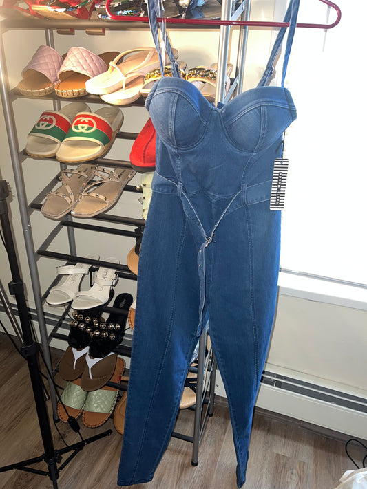 WOMEN CASUAL STREET DENIM JUMPSUIT WITH BELT SIZE S