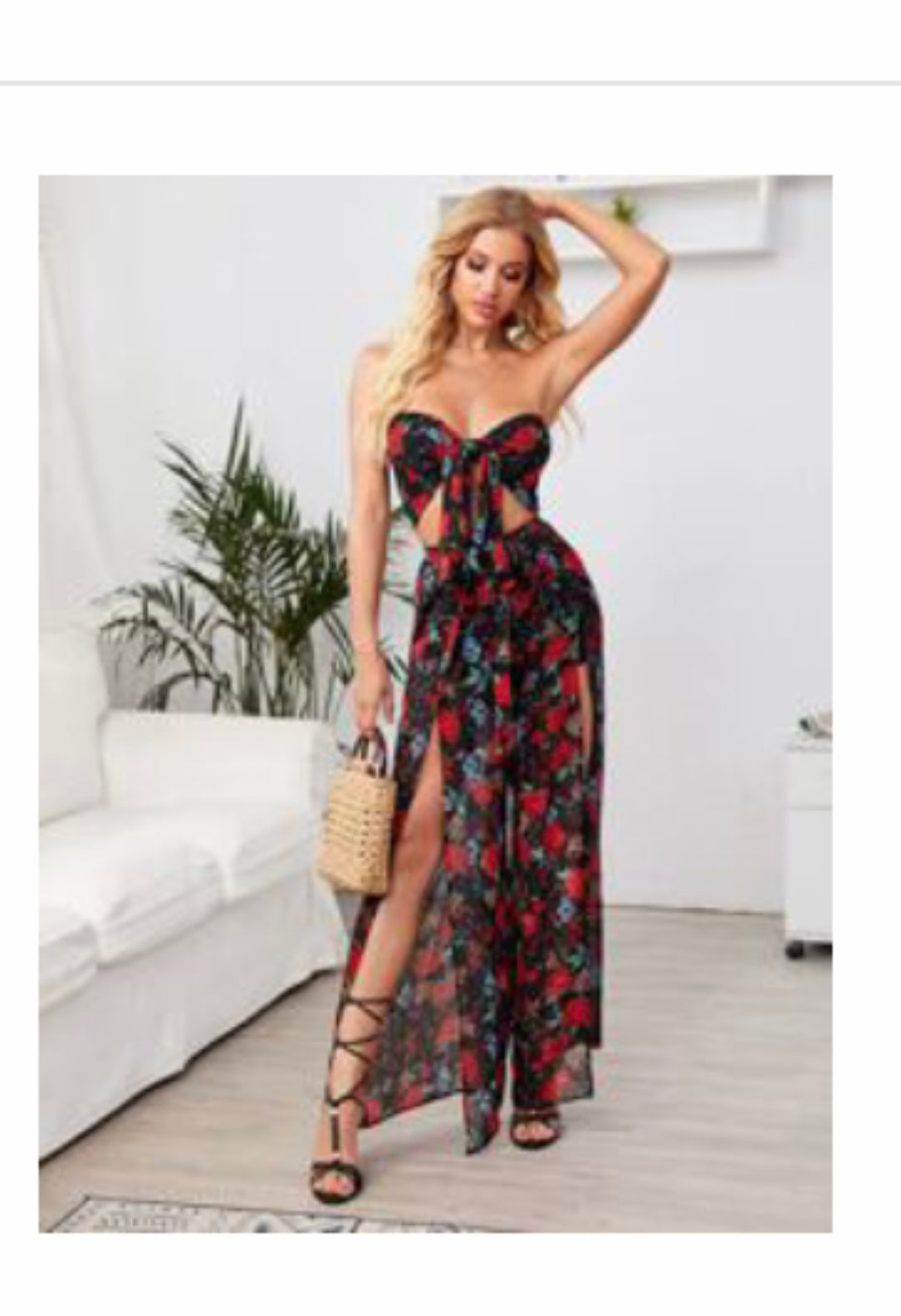 WOMEN TIE FRONT FLORAL PRINT TUBE TOP & SLIT PANTS SET SIZE L