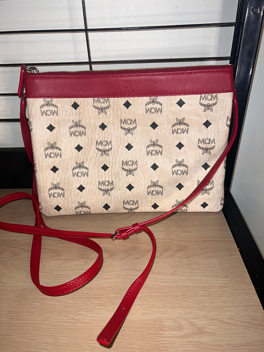 MCM RED BEIGE VISETOS LEATHER CROSSBODY BAG MEDIUM